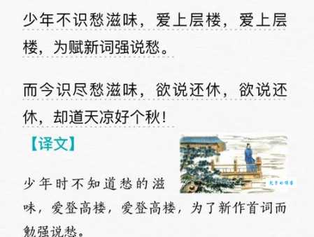 少年不识愁滋味，爱上层楼。爱上层楼，为赋新词强说愁。