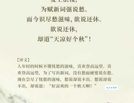 少年不识愁滋味，爱上层楼。爱上层楼，为赋新词强说愁。